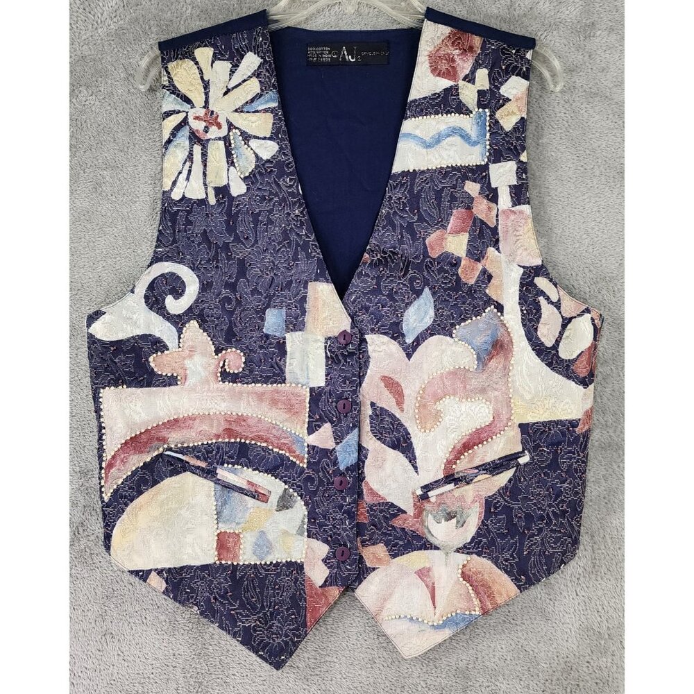 AJ Vest Womens Large Multicolor Jacquard Beaded Pattern Boho Artsy Vintage Top